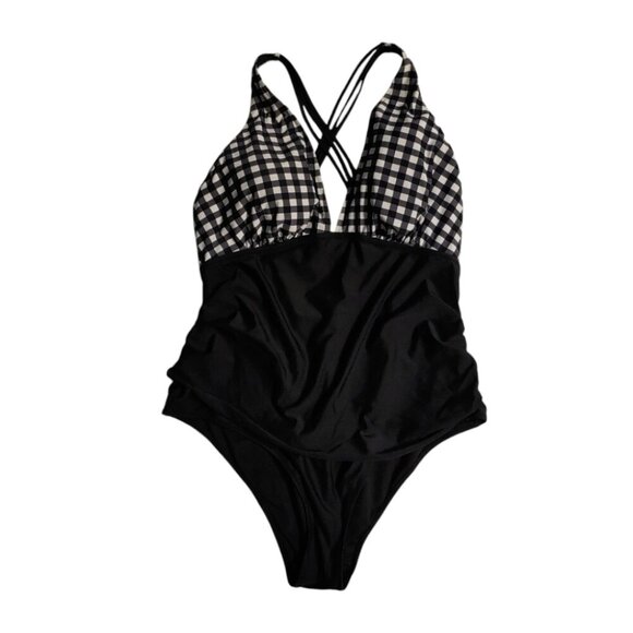 CUPSHE One Piece Swimsuit Women's Plus Size 2X Black & White Gingham Ruched - Picture 1 of 6